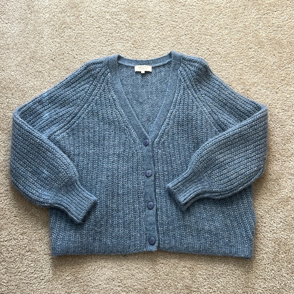 Sezane Blue Cropped V-Neck Button Cardigan
